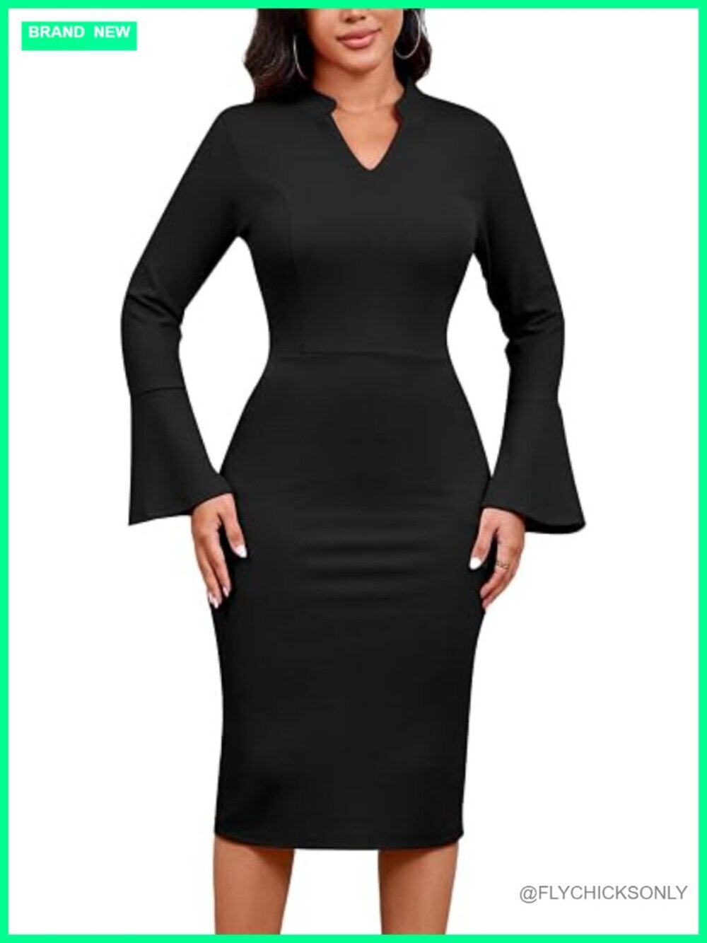 Elegant Bell Sleeve Bodycon Midi Pencil Dress with Pockets